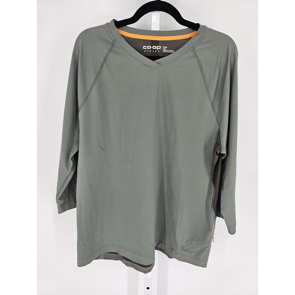 Co-Op Cycles Mens Sz L Henley V Neck T Shirt Olive Green performance Athletic